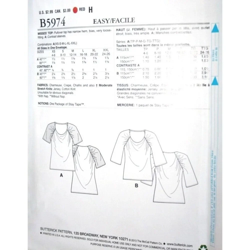 Butterick See and Sew Sewing Pattern 5974 Tunic‎ Top Shirt Misses Size XS-XXL